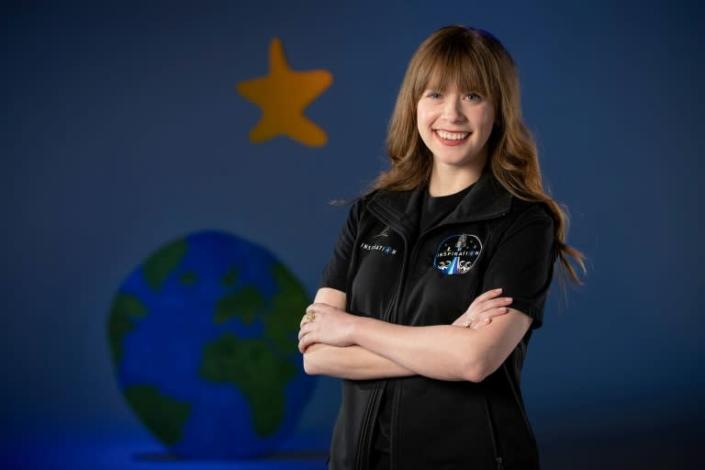 This undated photo courtesy of ALSAC received by AFP on February 22, 2021, shows Hayley Arceneaux visiting a SpaceX facility in Hawthorne, California