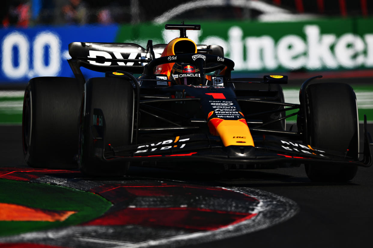 MEXICO CITY, MEXICO - OCTOBER 29: Max Verstappen of the Netherlands driving the (1) Oracle Red Bull Racing RB19 on track during the F1 Grand Prix of Mexico at Autodromo Hermanos Rodriguez on October 29, 2023 in Mexico City, Mexico. (Photo by Clive Mason - Formula 1/Formula 1 via Getty Images)