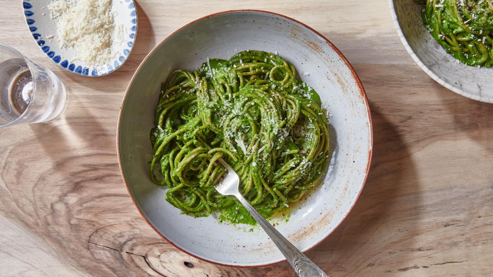 <a href="https://www.epicurious.com/recipes/food/views/kale-pesto-with-whole-wheat-pasta?mbid=synd_yahoo_rss" rel="nofollow noopener" target="_blank" data-ylk="slk:See recipe." class="link rapid-noclick-resp">See recipe.</a>