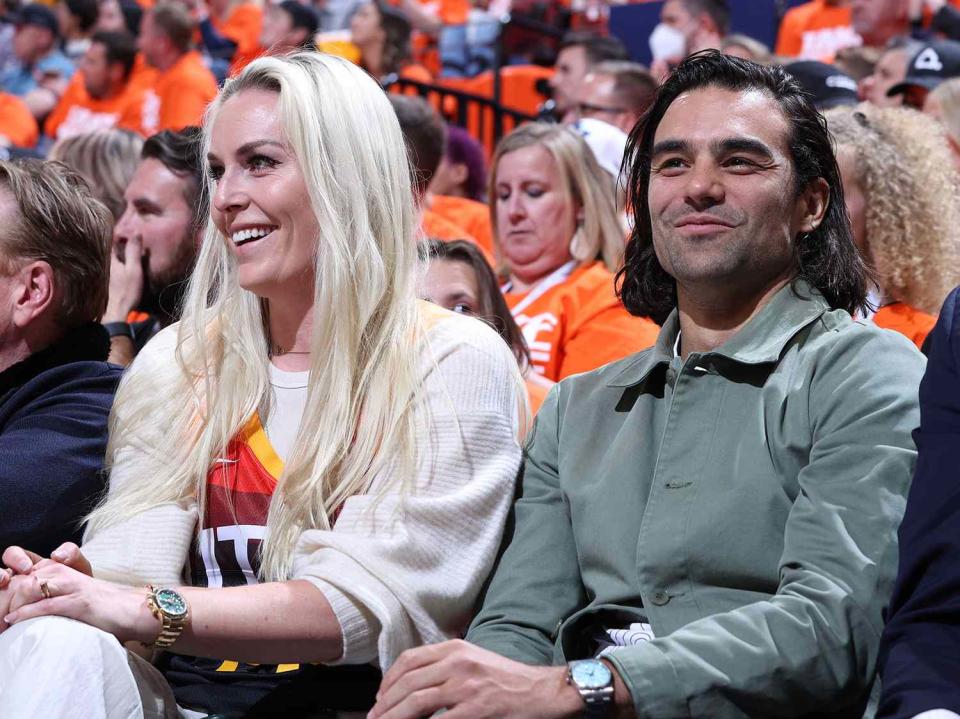 Lindsey Vonn and actor Diego Osorio attend a game between the Dallas Mavericks and Utah Jazz during Round 1 Game 3 of the NBA Playoffs on April 21, 2022 at vivint.SmartHome Arena in Salt Lake City, Utah. NOTE TO USER: User expressly acknowledges and agrees that, by downloading and or using this Photograph, User is consenting to the terms and conditions of the Getty Images License Agreement. Mandatory Copyright Notice: Copyright 2022 NBAE