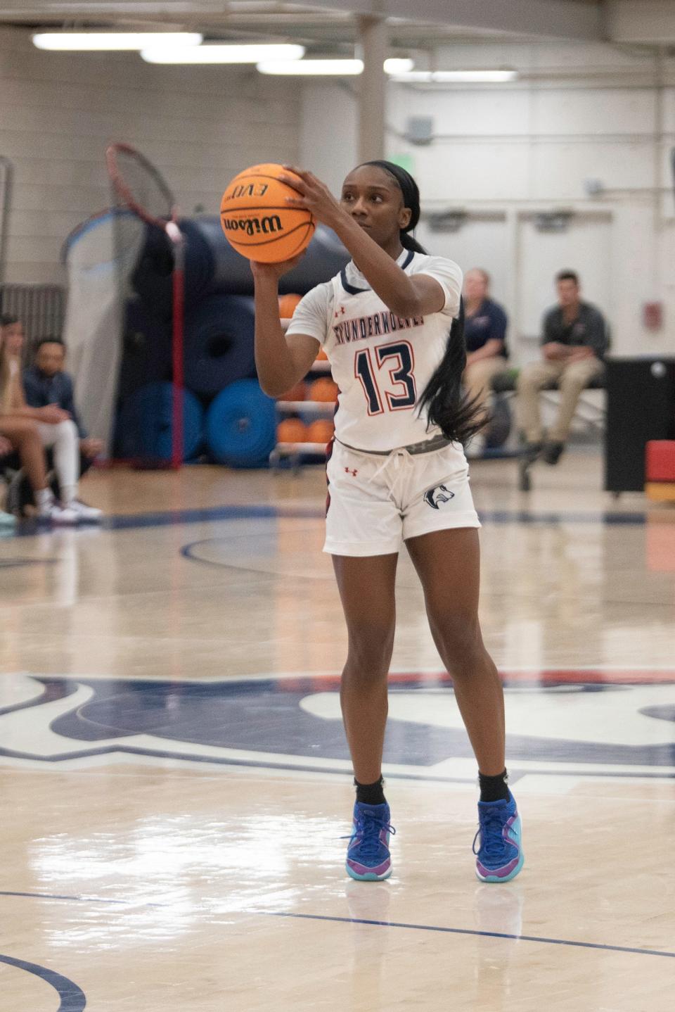 Colorado State University Pueblo junior Tomia Johnson shoots for three during a game against Langston at Massari Arena on Saturday, November 18, 2023.