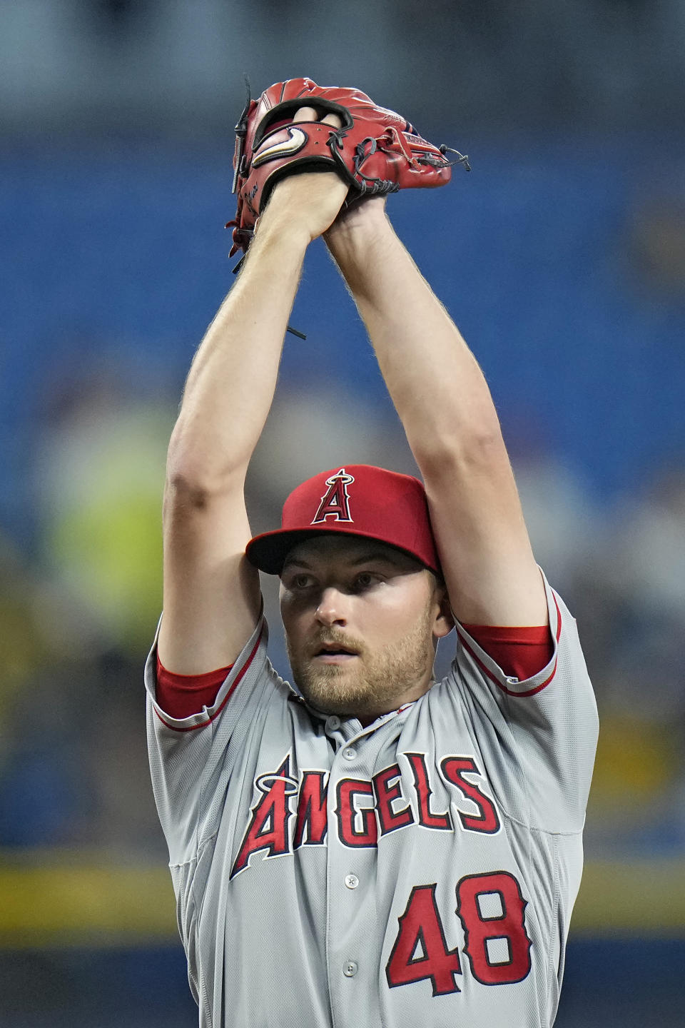 Los Angeles Angels' Reid Detmers goes into his windup against the Tampa Bay Rays during the first inning of a baseball game Wednesday, Sept. 20, 2023, in St. Petersburg, Fla. (AP Photo/Chris O'Meara)