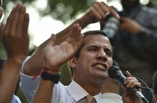 Venezuelan opposition leader and self-proclaimed interim president Juan Guaido speaks during a rally in San Bernardino neighborhood in Caracas on April 1, 2019