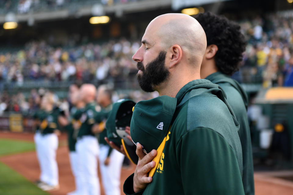 OAKLAND, CA - JULY 02: Oakland Athletics pitcher Mike Fiers (50) before the Major League Baseball game between the Minnesota Twins and the Oakland Athletics at the Oakland-Alameda County Coliseum on July 2, 2019 in Oakland, CA. (Photo by Cody Glenn/Icon Sportswire via Getty Images)