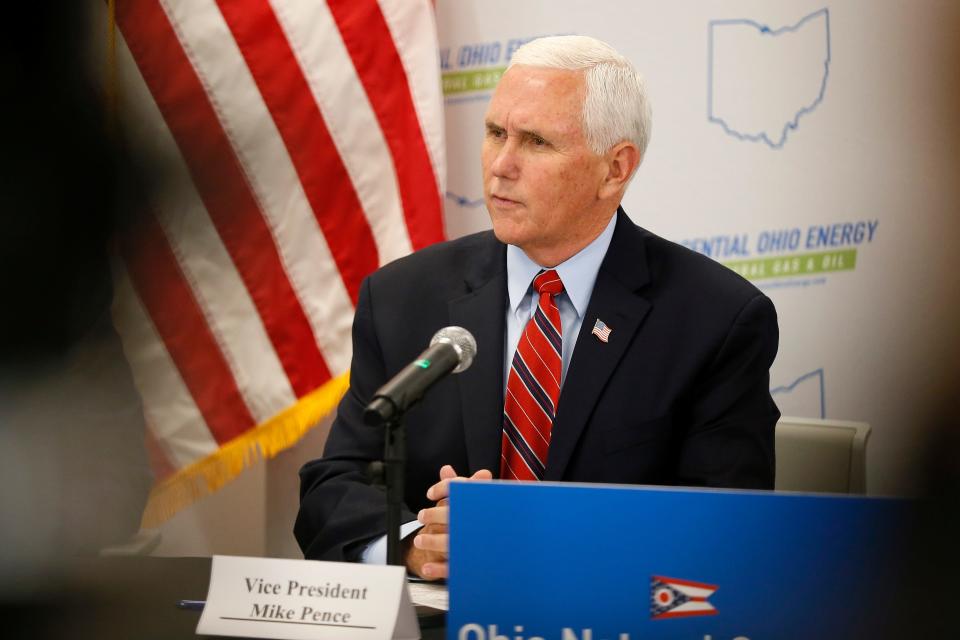 Former Vice President Mike Pence give a short speech about American energy policy during a brief on-camera appearance before a round table discussion with members of Ohio's natural gas and oil industry at Enerfab in the Winton Place neighborhood of Cincinnati on Thursday, June 16, 2022.