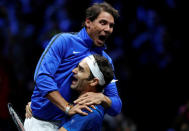 Tennis - Laver Cup - 3rd Day - Prague, Czech Republic - September 24, 2017 - Roger Federer and Rafael Nadal of team Europe celebrate after winning the match. REUTERS/David W Cerny