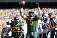 Baylor's Dillon Doyle (5) celebrates along with teammate and tight end Jackson Shupp (29) after scoring a touchdown against BYU during the first half of an NCAA college football game, Saturday, Oct. 16, 2021, in Waco, Texas. (AP Photo/Ron Jenkins)