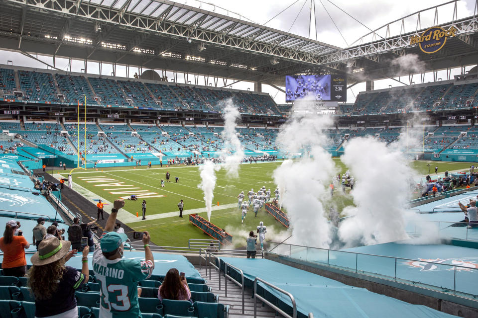 Hard Rock Stadium will continue to have limited fans, the Dolphins said. (Al Diaz/Miami Herald/Tribune News Service via Getty Images)