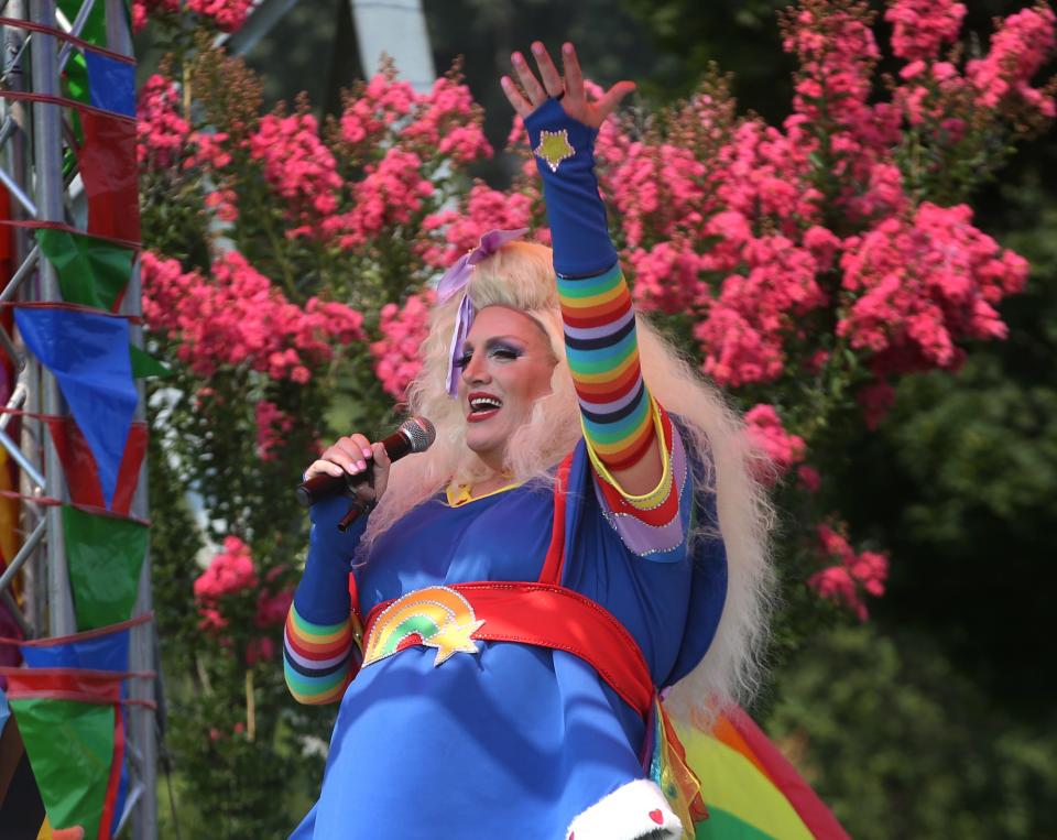 Florence drag queen Fanny Rugburn, aka Jason Wood, performs on stage at the 2021 Eugene Pride in the Park at Alton Baker Park.