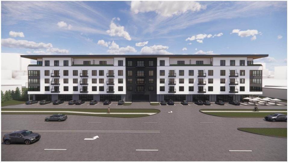 A conceptual rendering depicts a view from Northwest 86th Street in Johnston of the east side of a proposed 300,000-square-foot mixed use building that may include more than 100 apartments.