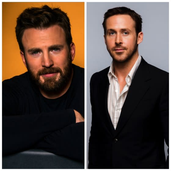 A diptych of actors Chris Evans and Ryan Gosling