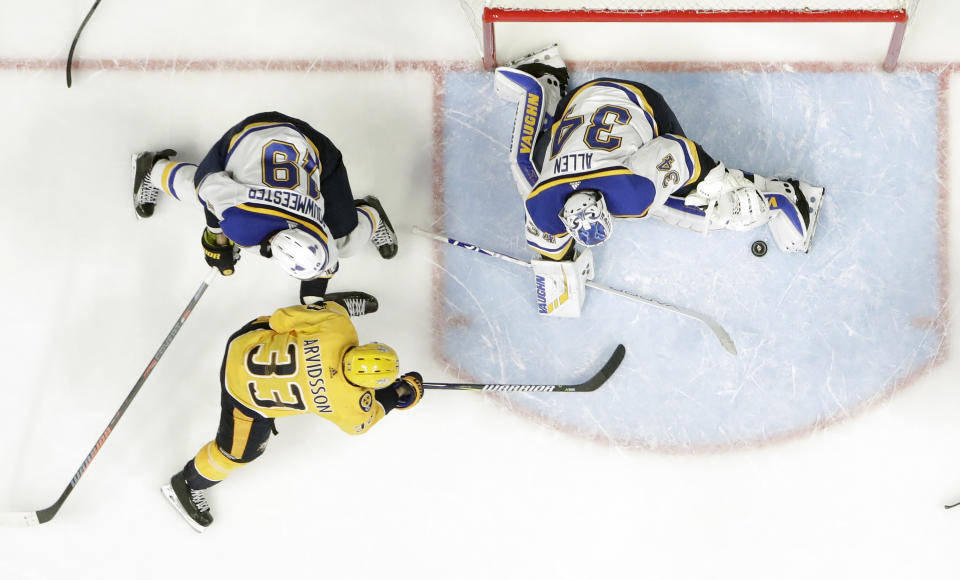 St. Louis Blues goaltender Jake Allen (34) blocks a shot by Nashville Predators left wing Viktor Arvidsson (33), of Sweden, in the third period of an NHL hockey game Sunday, Feb. 10, 2019, in Nashville, Tenn. (AP Photo/Mark Humphrey)