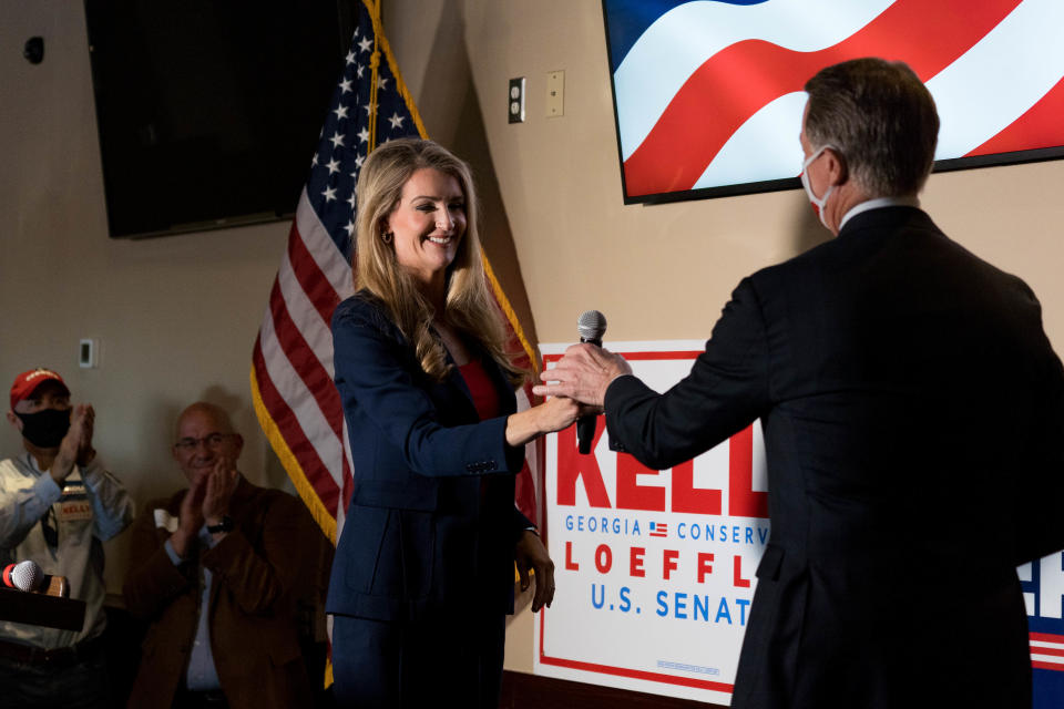 CUMMING, GA - NOVEMBER 13:  U.S. Sen Kelly Loeffler (R-GA) attends a campaign event to supporters at a restaurant on November 13, 2020 in Cumming, Georgia. There is a runoff election between Loeffler and Democratic opponent Raphael Warnock scheduled for Jan. 5, along with a second Senate runoff between Republican incumbent David Perdue and Democratic challenger Jon Ossoff.   (Photo by Megan Varner/Getty Images).