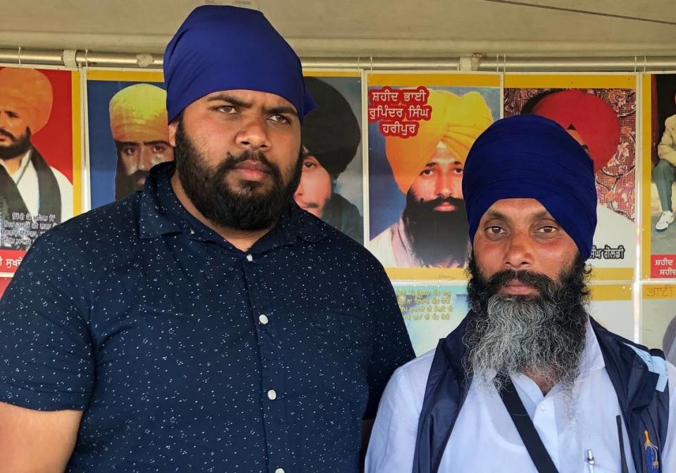 Sikh activist Bobby Singh, left, a Sacramento State student, stands in 2019 at a Sikh activism conference in Toronto with Hardeep Nijjar, who was allegedly assassinated by Indian intelligence on June 18, 2023, in Canada.