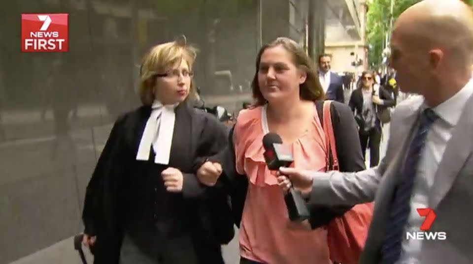 Renee Codd leaves court with her lawyer on Monday. Source: 7 News