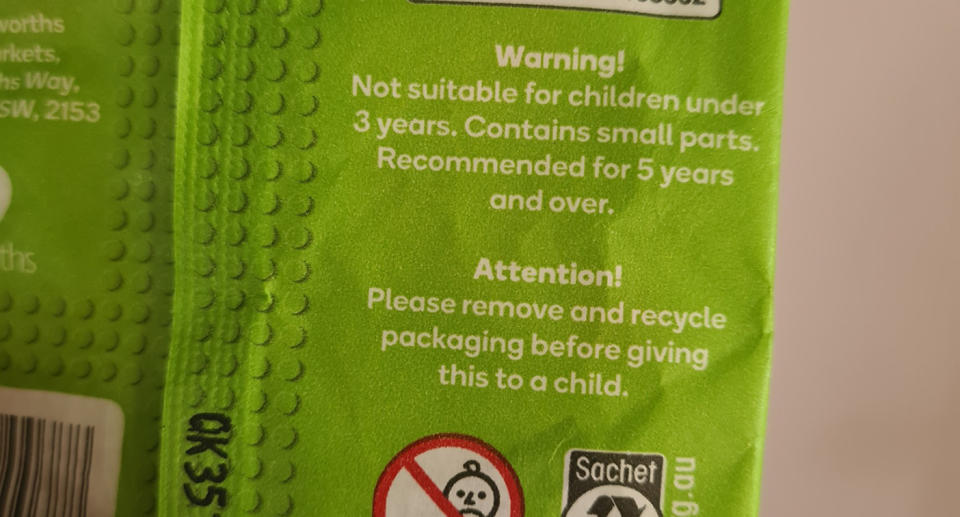 A photo showing the warning on the toys.