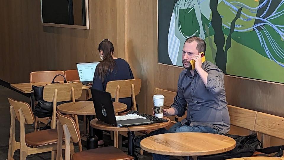 Somers Republican Dan Branda, on the phone at Starbucks in Yorktown on Sept. 1, 2023, said Board of Legislators Chair Vedat Gashi should step down as chairman if the legislature investigates his ownership of an affordable co-op in Manhattan that requires it be his primary residence.