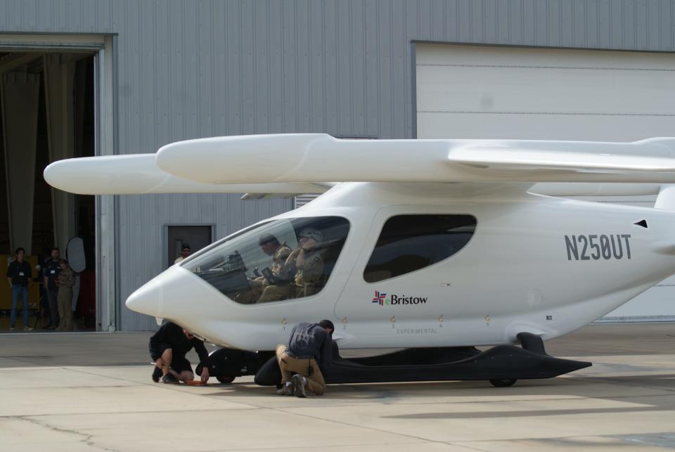 The fully electric ALIA, tail number N250 UT, on demonstration at the Houma-Terrebonne Airport, Wednesday, February 7. Produced by BETA Technologies, Bristow has committed to buying 5, with the option of 100 more.