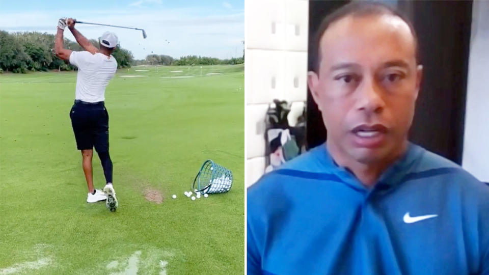 Pictured left, Tiger Woods hitting in practice and speaking with Golf Digest on the right.