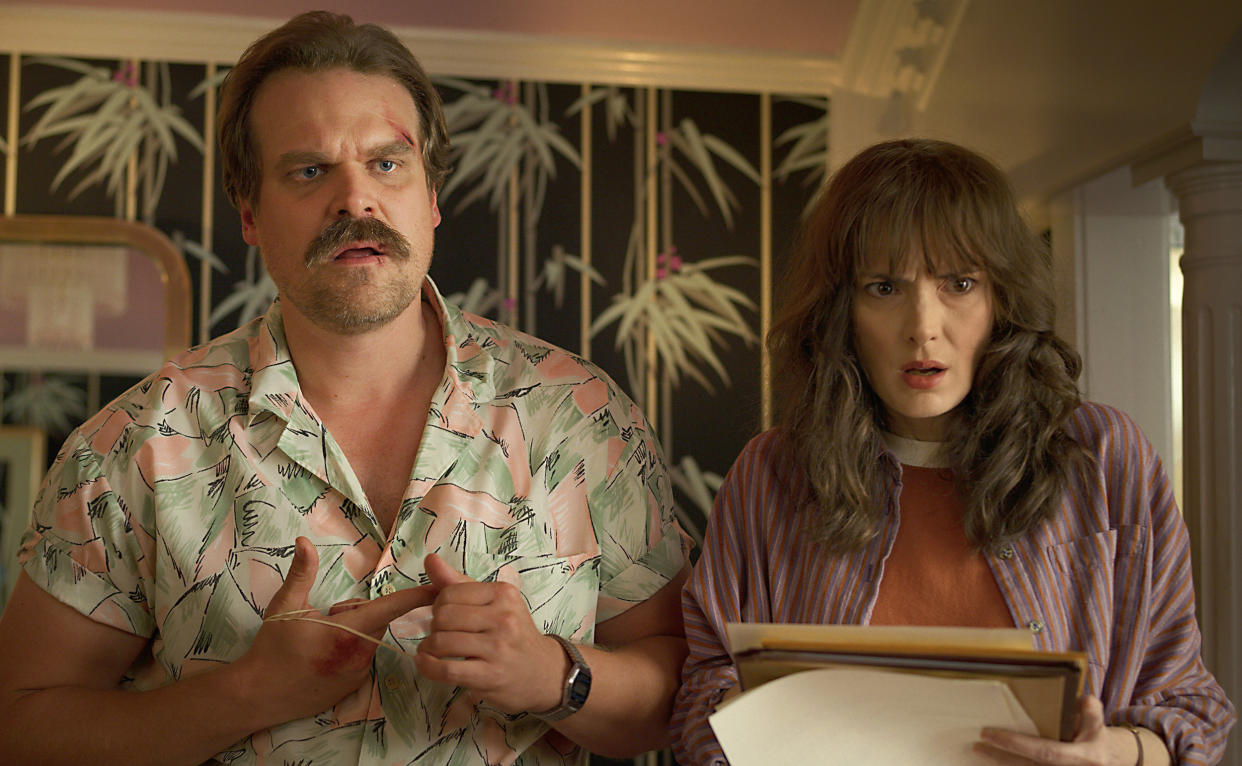 Winona Ryder as Joyce Byers and David Harbour as Jim Hopper in 