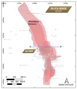Silica Ridge plan view of mineralized domains, with location of the cross-section shown in Figure 10 above