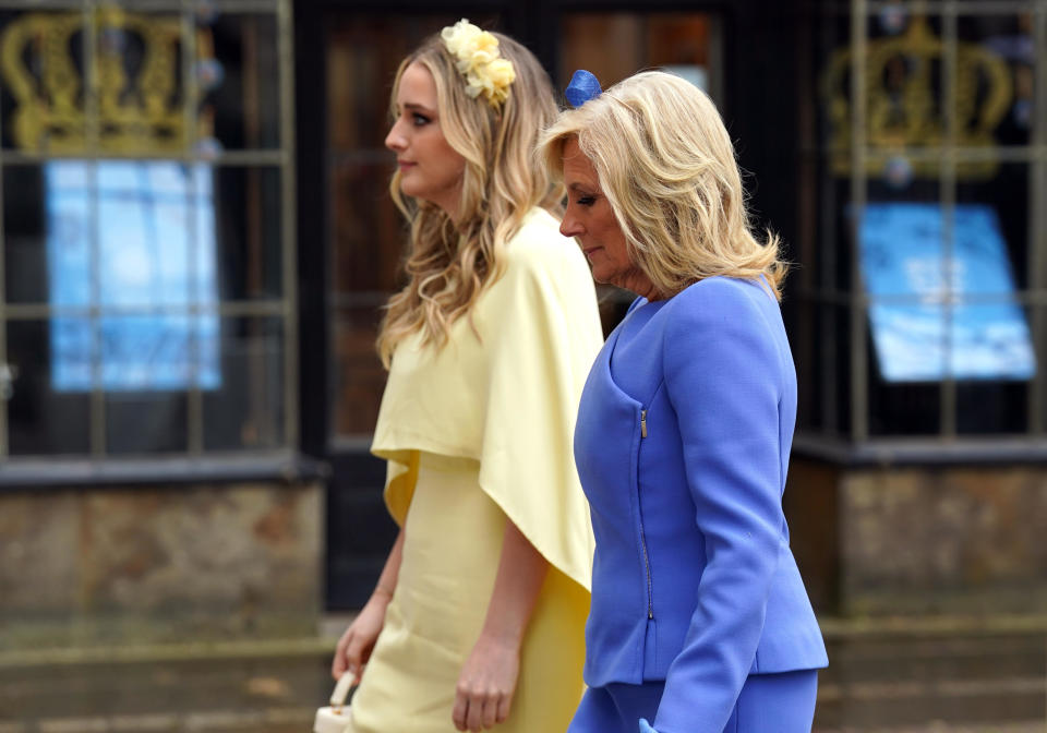 U.S. first lady Jill Biden and her granddaughter Finnegan Biden arrive at Westminster Abbey for the coronation ceremony.  / Credit: Andrew Milligan / Getty Images