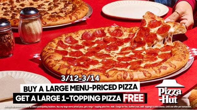 Pizza Hut is offering a pretty sweet deal on Pi Day, giving customers the chance to get a free large one topping pizza with the purchase of another pizza on the menu.