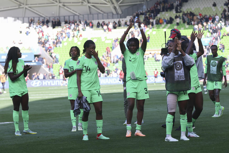 Nigerian players react following the Women's World Cup Group B soccer match between Nigeria and Canada in Melbourne, Australia, Friday, July 21, 2023. (AP Photo/Hamish Blair)