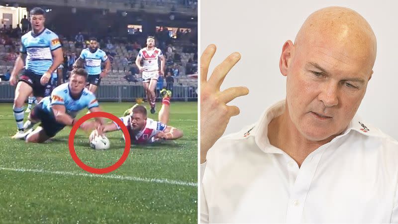 St George Illawarra coach Paul McGregor was left fuming by the botched Bunker call that went against the Dragons during last weekend's loss to Cronulla. Pictures: Fox Sports