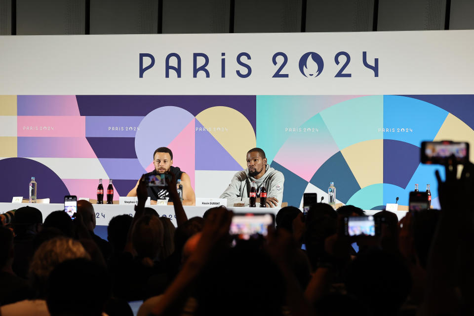 PARIS, FRANCE - JULY 25: Stephen Curry and Kevin Durant of Team United States speak to the media during a Team United States Basketball Press Conference at Main Press Centre on July 25, 2024 in Paris, France. (Photo by Arturo Holmes/Getty Images)