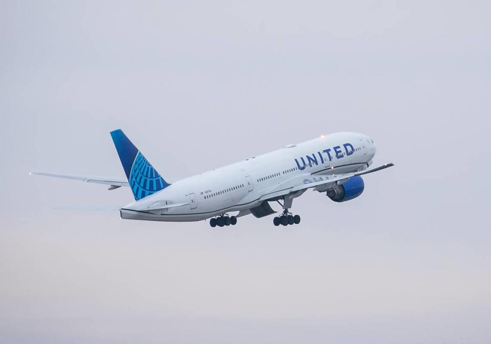 A chartered United flight takes off with the Kansas City Chiefs on their way to Las Vegas for Super Bowl LVIII on Sunday February 4, 2024 at KCI Airport in Kansas City, Missouri.