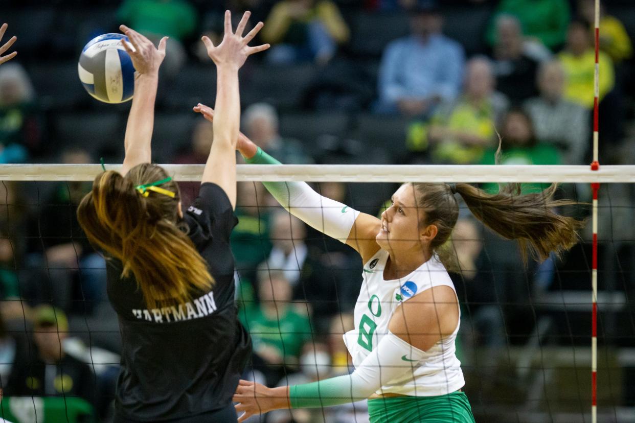 Oregon outside hitter Gabby Gonzales hits as the No. 2 Oregon Ducks open NCAA Tournament play against Southeastern Louisiana Thursday, Nov. 30, 2023, at Matthew Knight Arena in Eugene, Ore.