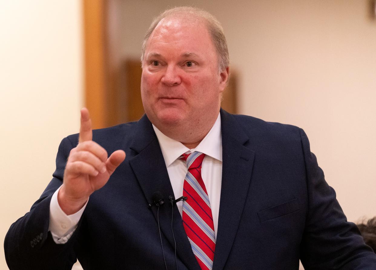 Michael Gableman, the former state Supreme Court justice who led the GOP review of the 2020 election, delivers a report during an informational hearing of the Assembly Committee on Campaigns and Elections on Tuesday, March 1, 2022, at the Capitol in Madison.