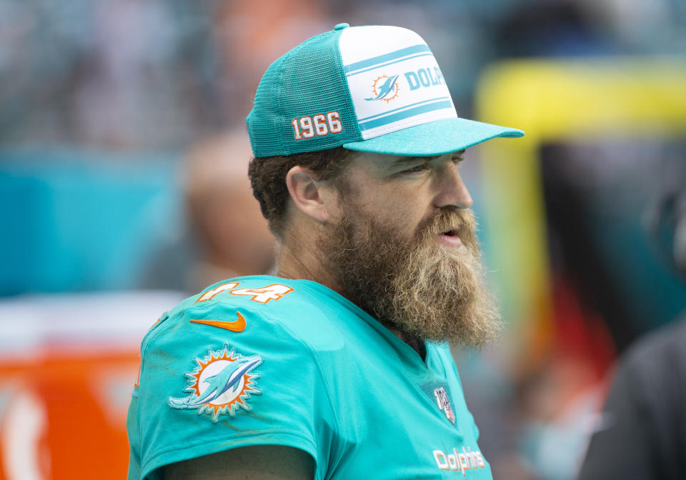 MIAMI GARDENS, FL - DECEMBER 22: Miami Dolphins Quarterback Ryan Fitzpatrick (14) on the sidelines during the NFL game between the Cincinnati Bengals and the Miami Dolphins at the Hard Rock Stadium in Miami Gardens, Florida on December 22, 2019. (Photo by Doug Murray/Icon Sportswire via Getty Images)