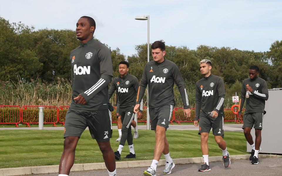 Odion Ighalo, Jesse Lingard, Harry Maguire, Andreas Pereira, Aaron Wan-Bissaka of Manchester United in action during a first team training session at Aon Training Complex on September 18 - GETTY IMAGES