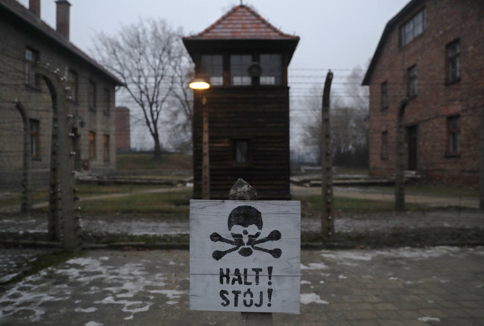 <p>A sign reading “Stop!” in German and Polish is seen at the former Nazi German concentration and extermination camp Auschwitz, during the ceremonies marking the 73rd anniversary of the liberation of the camp and International Holocaust Victims Remembrance Day, in Oswiecim, Poland, Jan. 27, 2018. (Photo: Kacper Pempel/Reuters) </p>