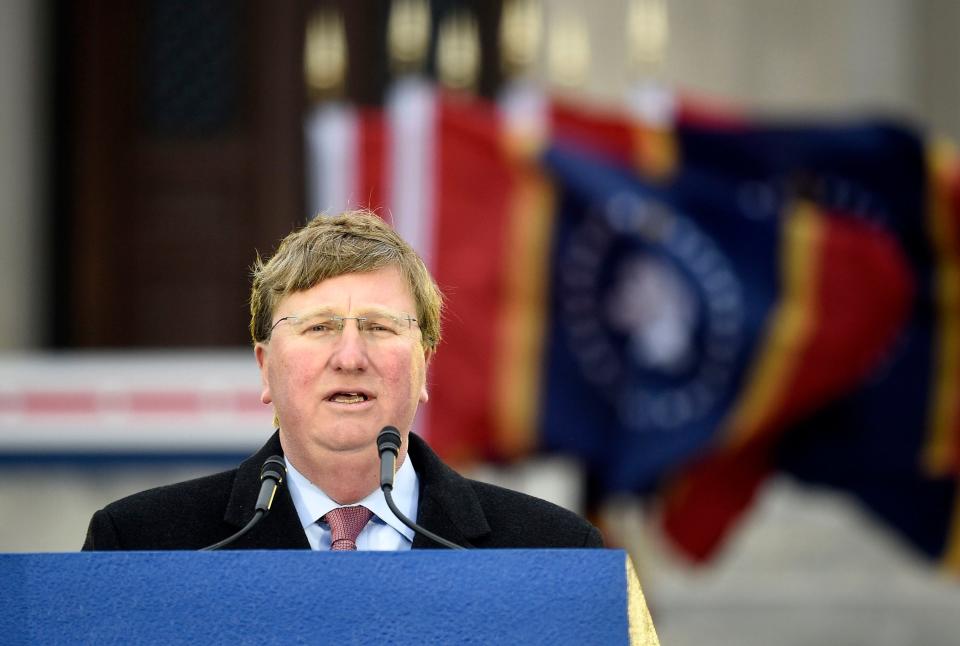 Gov. Tate Reeves presents his inaugural address after giving his oath of office during his inauguration at the state Capitol in Jackson, Miss., Tuesday, Jan. 9, 2023. Reeves, the 65th governor of the state, begins his second term.