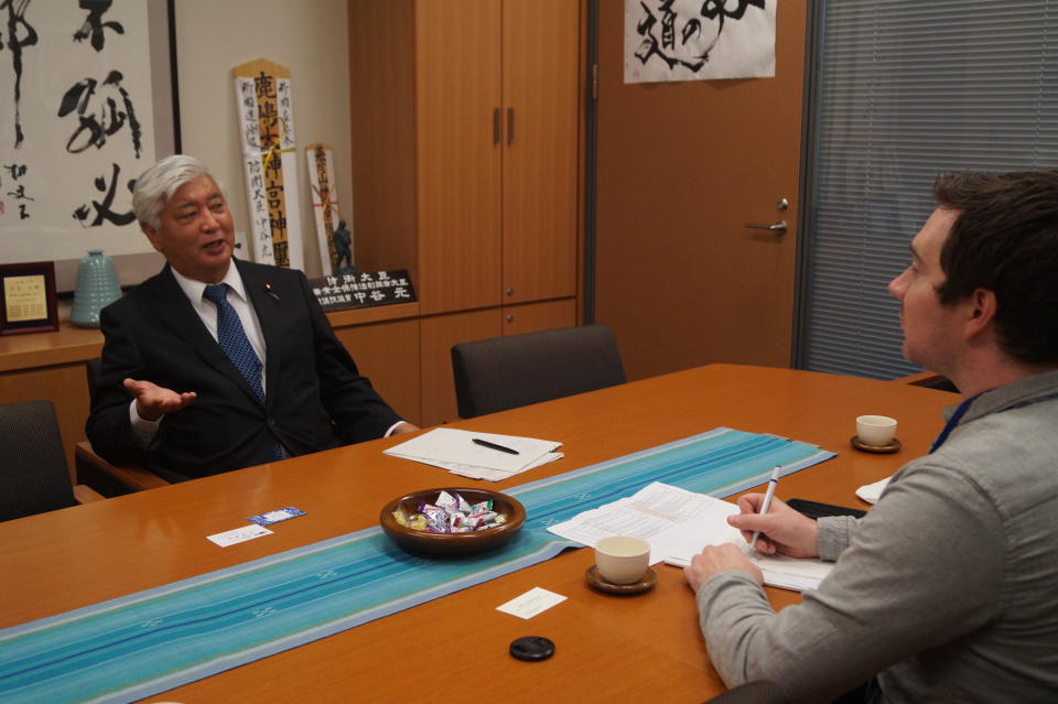 Gen Nakatani, the former Minister of Defense for Japan, talks to Yahoo News journalist Michael Walsh about the threat of North Korea in his Tokyo office on Nov. 9, 2017.(Photo: Michael Walsh/Yahoo News)