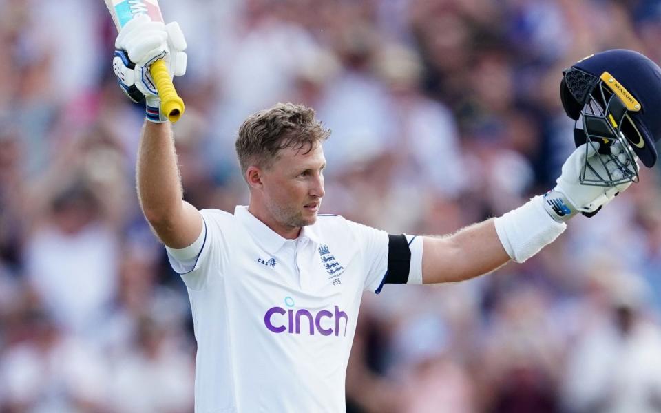 England&#39;s Joe Root celebrates reaching his century on day one of the first Ashes test match at Edgbaston