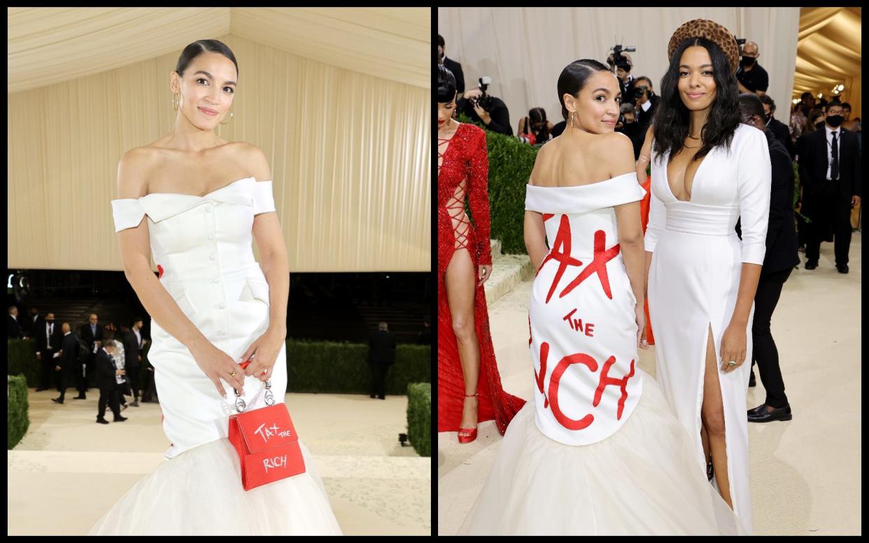 Alexandria Ocasio-Cortez with Brother Vellies’ Aurora James who designed her ‘Tax the Rich’ gown - Jamie McCarthy and Arturo Holmes / Getty Images 