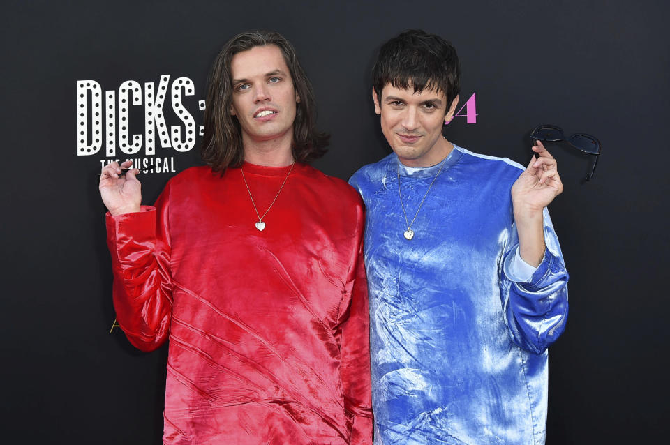 Aaron Jackson, left, and Josh Sharp arrive at the premiere of "Dicks: The Musical," Monday, Sept. 18, 2023, at the Fine Arts Theater in Beverly Hills, Calif. (Photo by Richard Shotwell/Invision/AP)