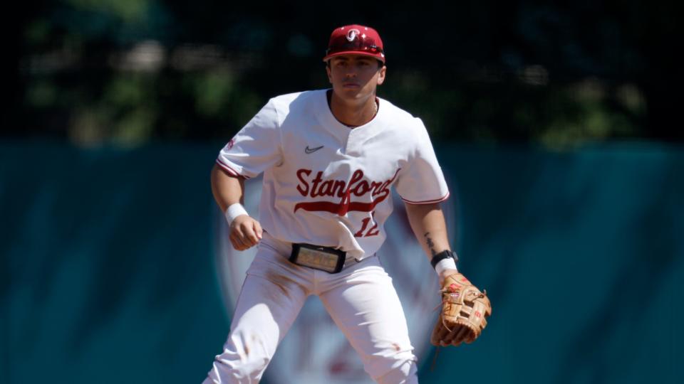 Stanford infielder Tommy Troy (12) plays against San Jose State during an NCAA Baseball game on Friday, June 2, 2023, in Stanford, Calif. (AP Photo/Jed Jacobsohn)