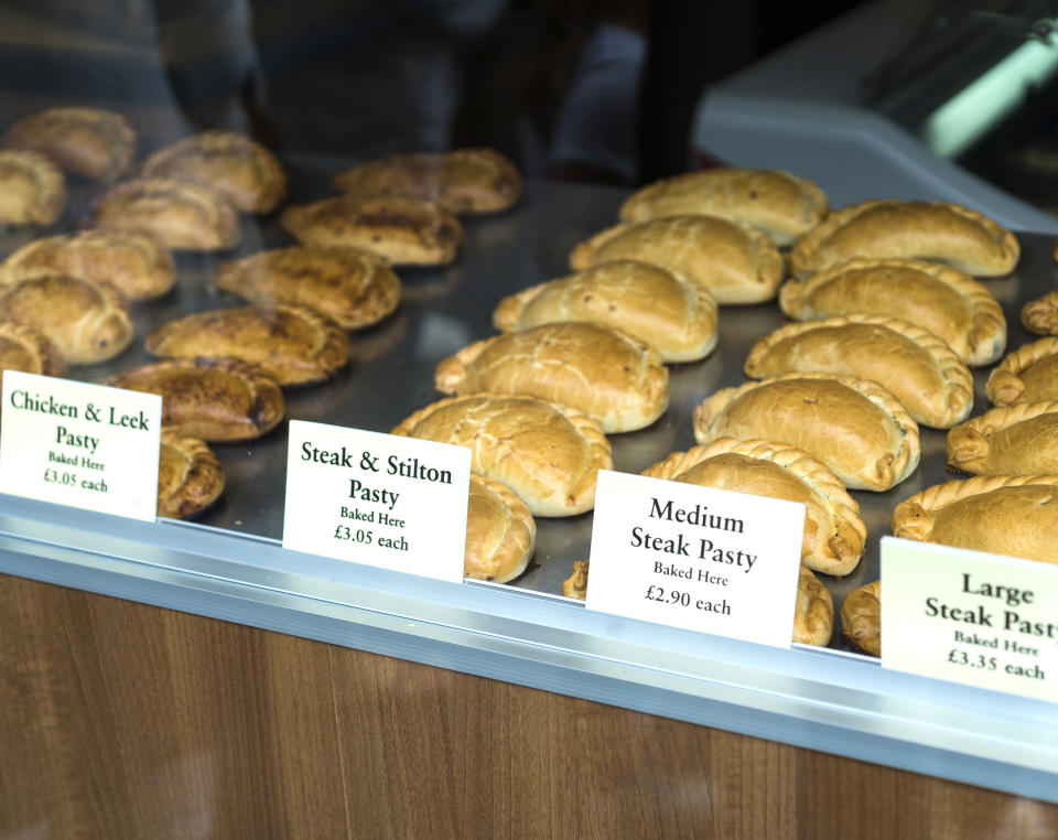 Different pasties being displayed in a windows shop in Cornwall. VAT