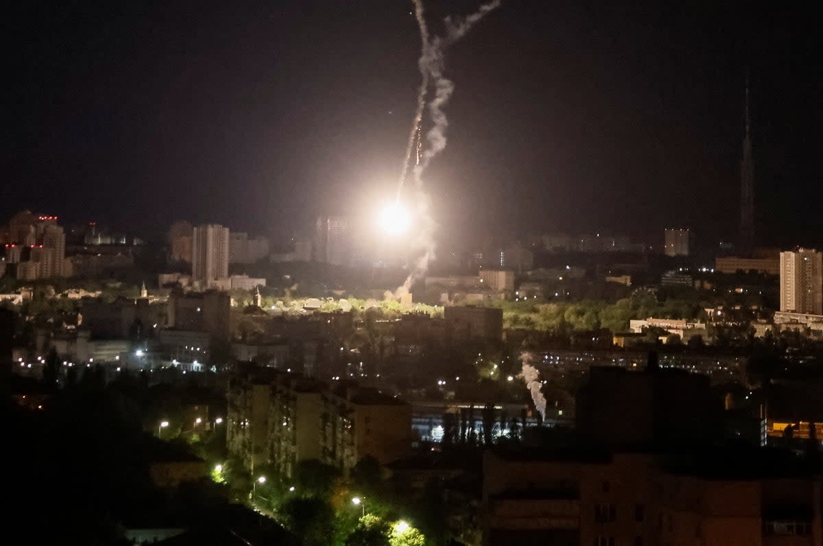 Explosion of a missile seen in the sky over Kyiv on May 16  (REUTERS)