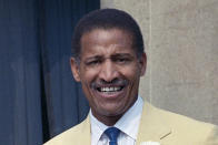 FILE - Junious "Buck" Buchanan smiles during induction ceremonies at the Pro Football Hall of Fame in Canton, Ohio in 1990. During the 1960s, the Kansas City Chiefs realized quicker than any team in the AFL or NFL that players coming out of historically black colleges and universities were really good. So they drafted them, and Buck Buchanan and Emmitt Thomas and the many others helped to form the backbone of two Super Bowl teams. (AP Photo/File)