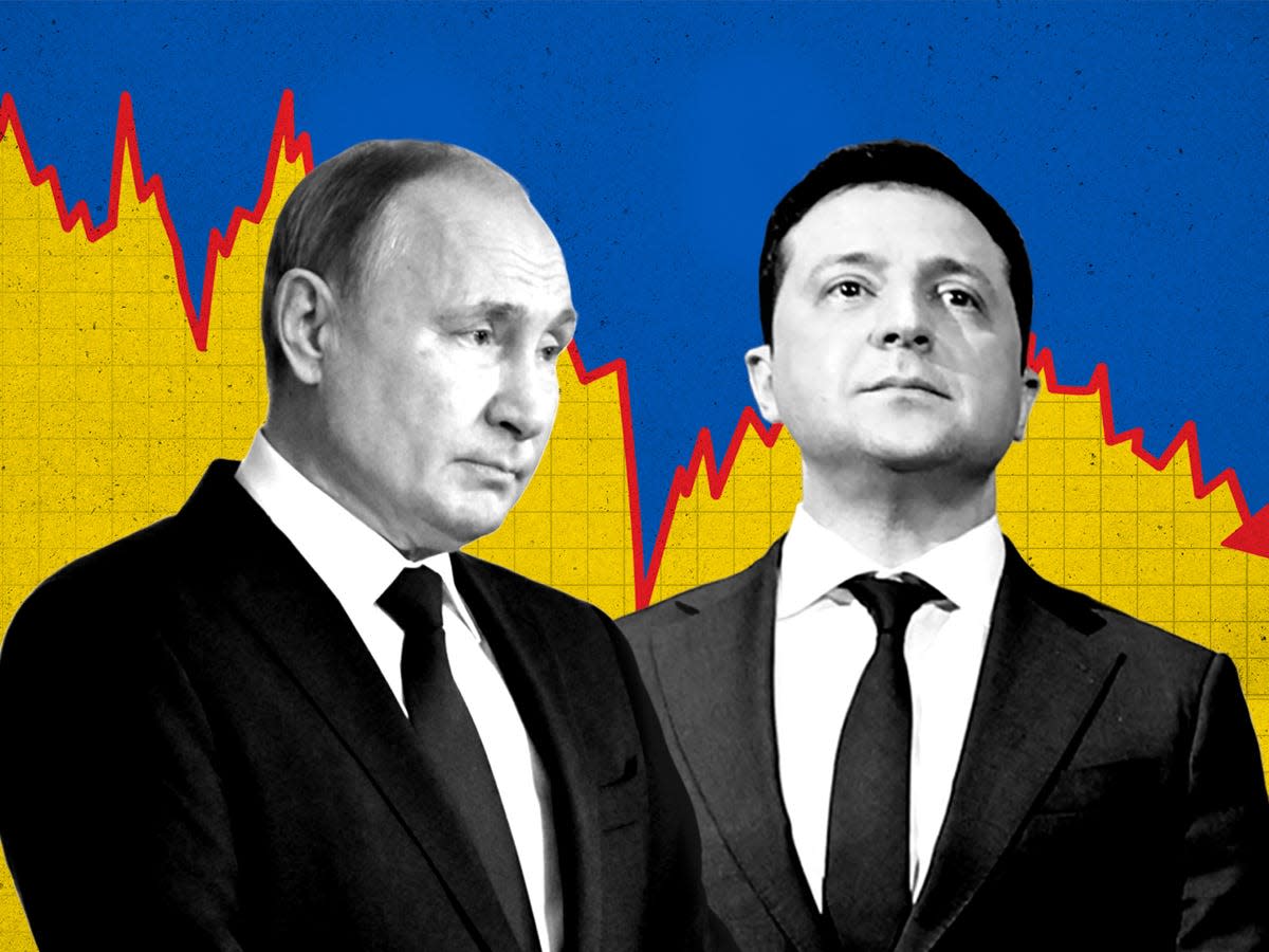 Putin and Zelensky in front of a stock market chart.