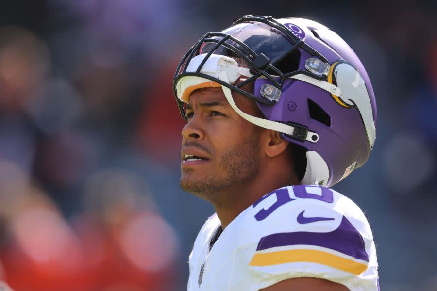 CHICAGO, ILLINOIS – OCTOBER 15: Jordan Hicks #58 of the Minnesota Vikings looks on against the Chicago Bears at Soldier Field on October 15, 2023 in Chicago, Illinois. (Photo by Michael Reaves/Getty Images)