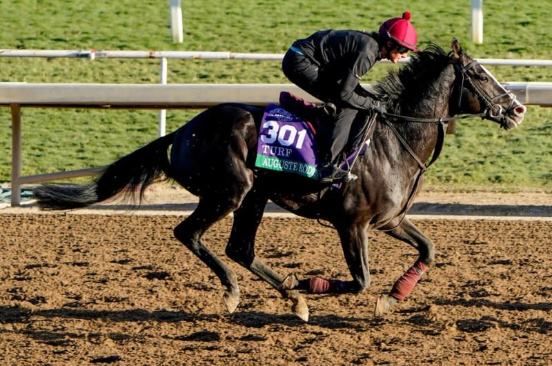 Auguste Rodin, likely favorite for the $4 million Breeders' Cup Turf, tests the track at Santa Anita. Photo by Tere Poplin/Eclipse Sportswire, courtesy of Breeders' Cup