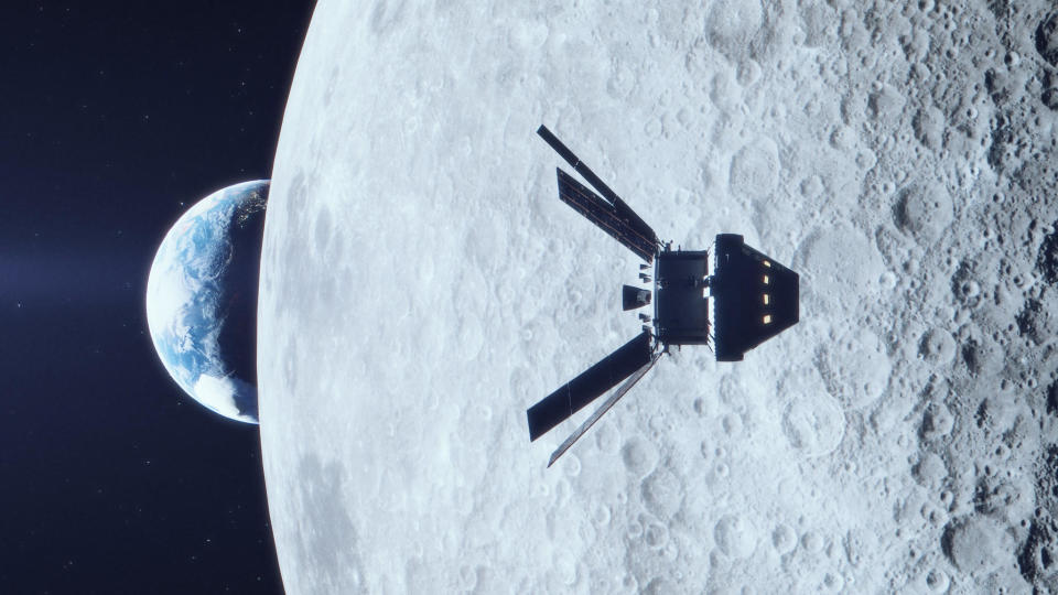 An artist's impression of the Artemis 1 Orion capsule passing behind the moon. If all goes well, the Orion will make the first of two close lunar flybys Monday. / Credit: NASA