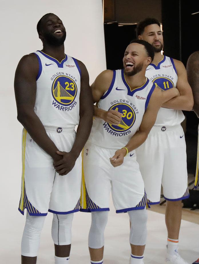 ▲勇士核心主力Draymond Green(左起)、Stephen Curry、Klay Thompson （圖／美聯社／達志影像）